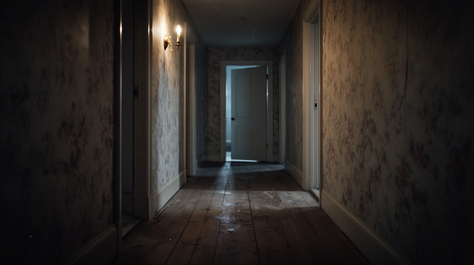 A long, empty residential hallway at night, one wall sconce lit, a door ajar at the far end