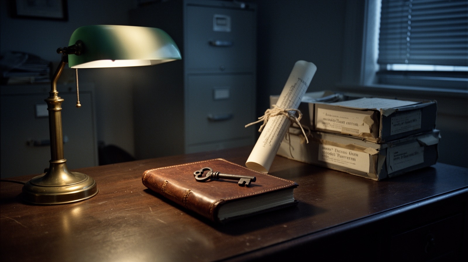 A banker's lamp lights a closed ledger and an old key on a records-office desk, the rest of the room fading into shadow.