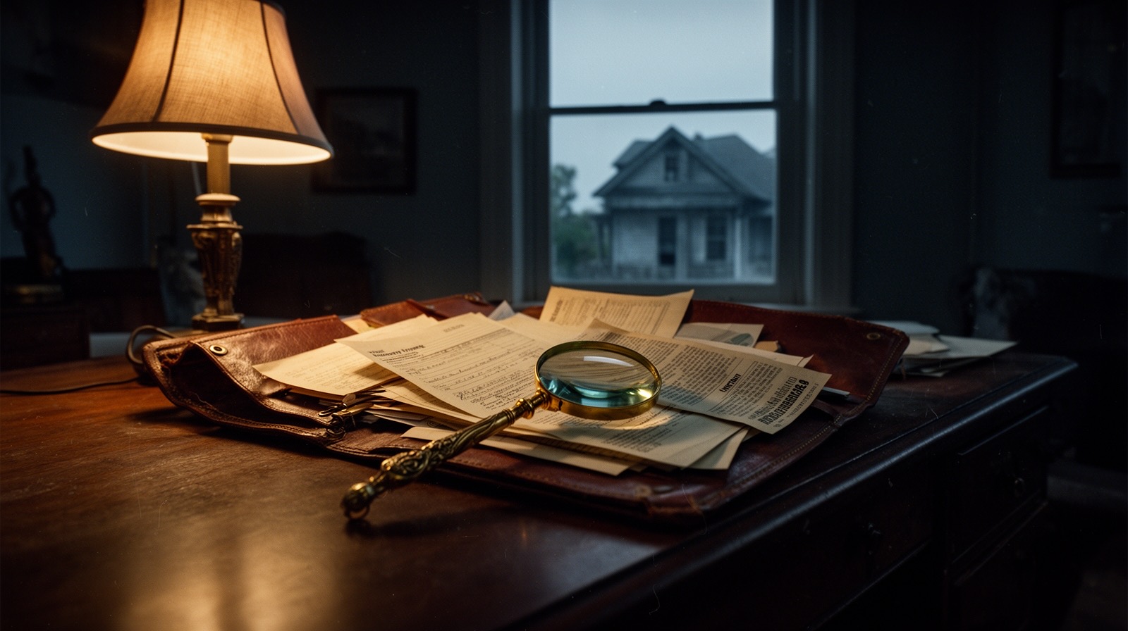A dim, lamplit desk with an open folder of yellowed property records and a magnifying glass, a house's silhouette visible through the window beyond.