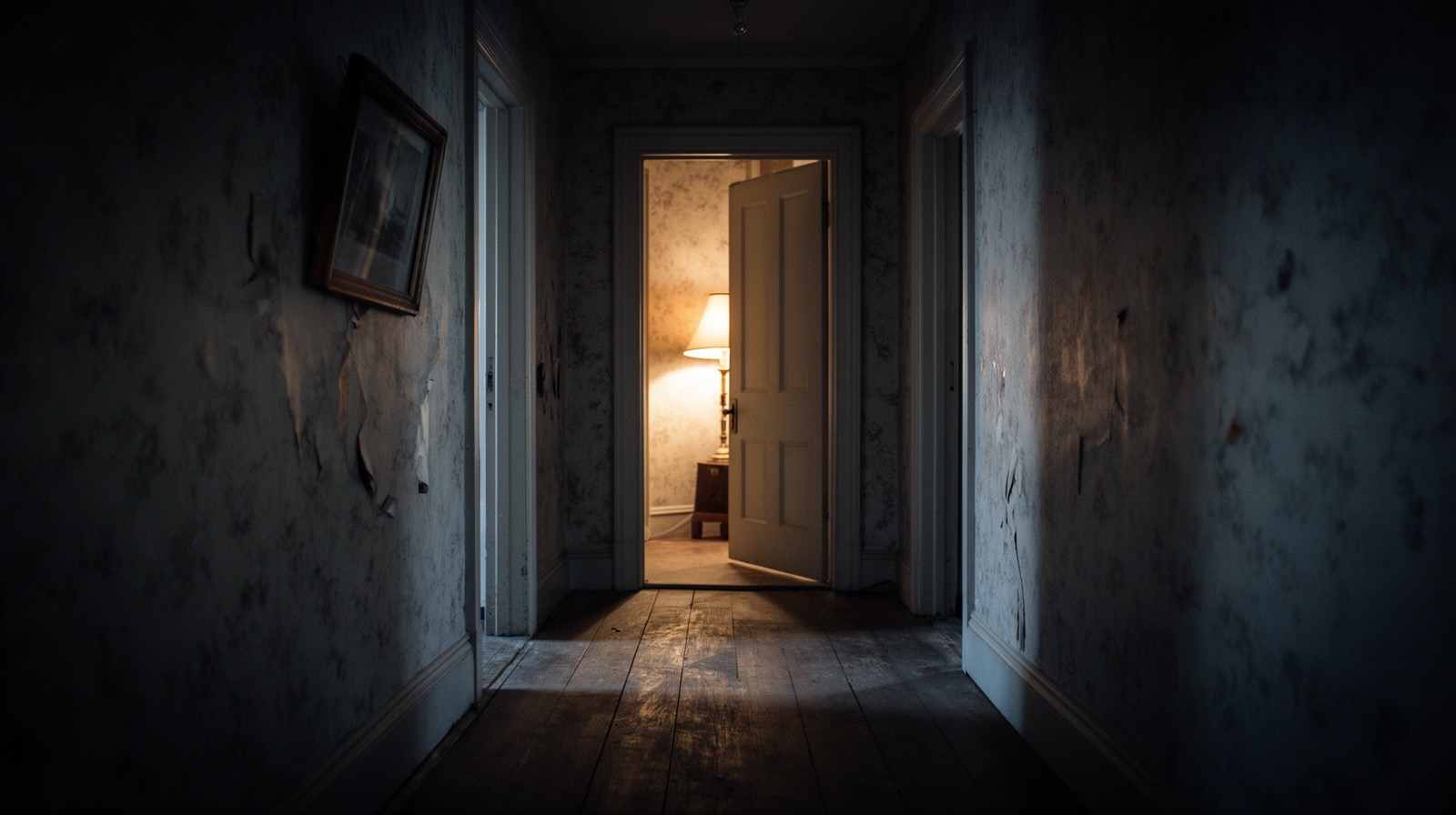A dim hallway with one door standing ajar, warm lamplight spilling out across the floorboards into the shadowed hall.