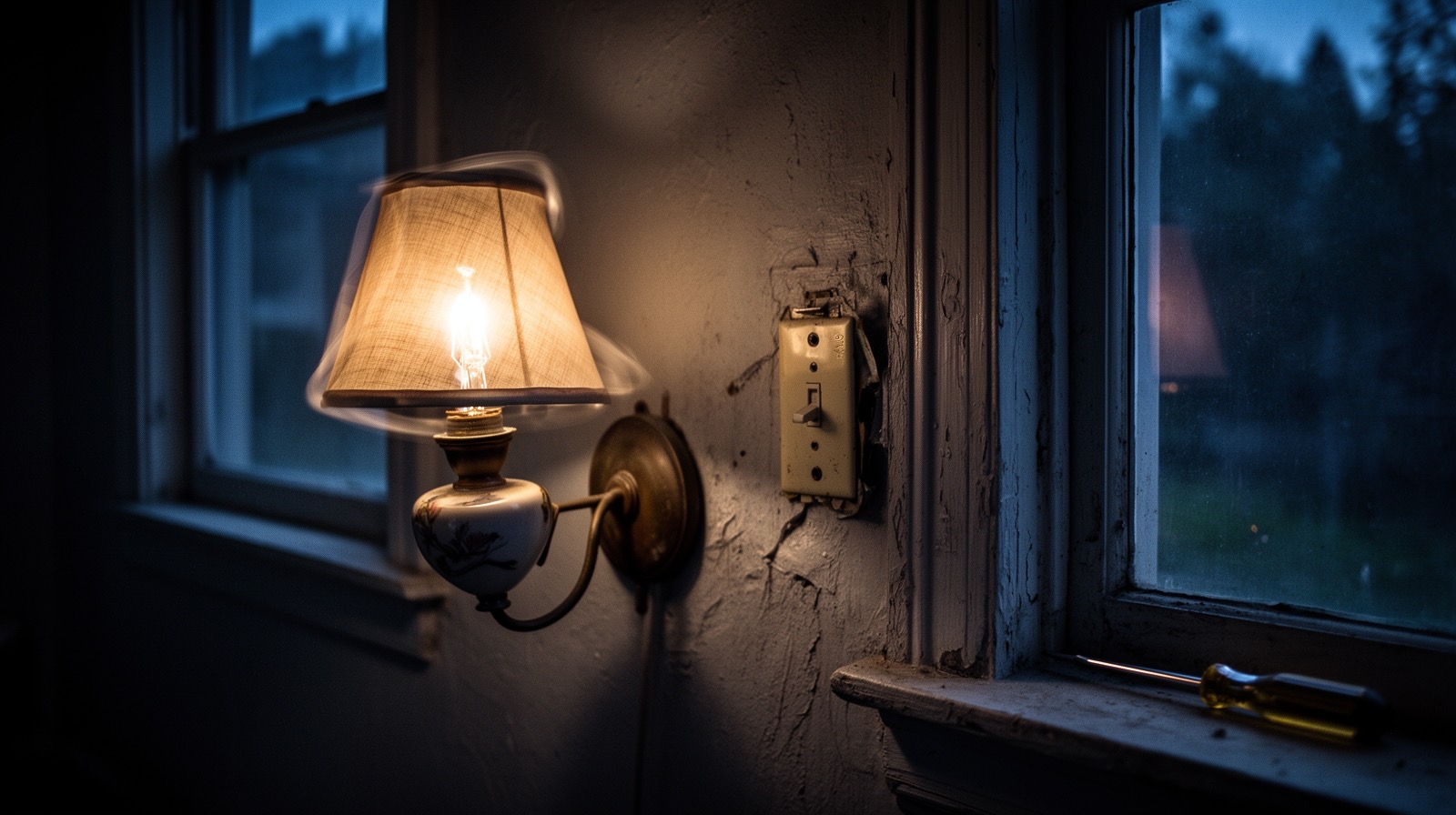 A single lamp in an old house caught mid-flicker, its warm light uneven against the surrounding dusk-blue room, with a switch plate loosened nearby as if just inspected.