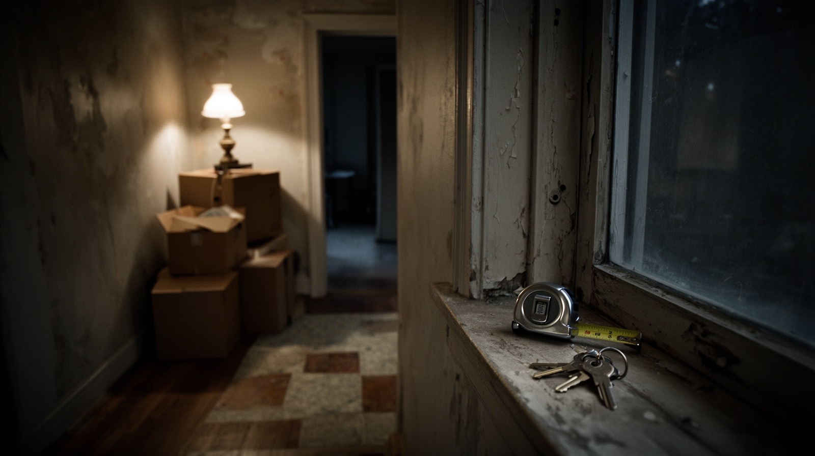 A dim hallway on moving day, unopened boxes against the wall, one lamp lit against the unfamiliar dark of a house not yet settled into.