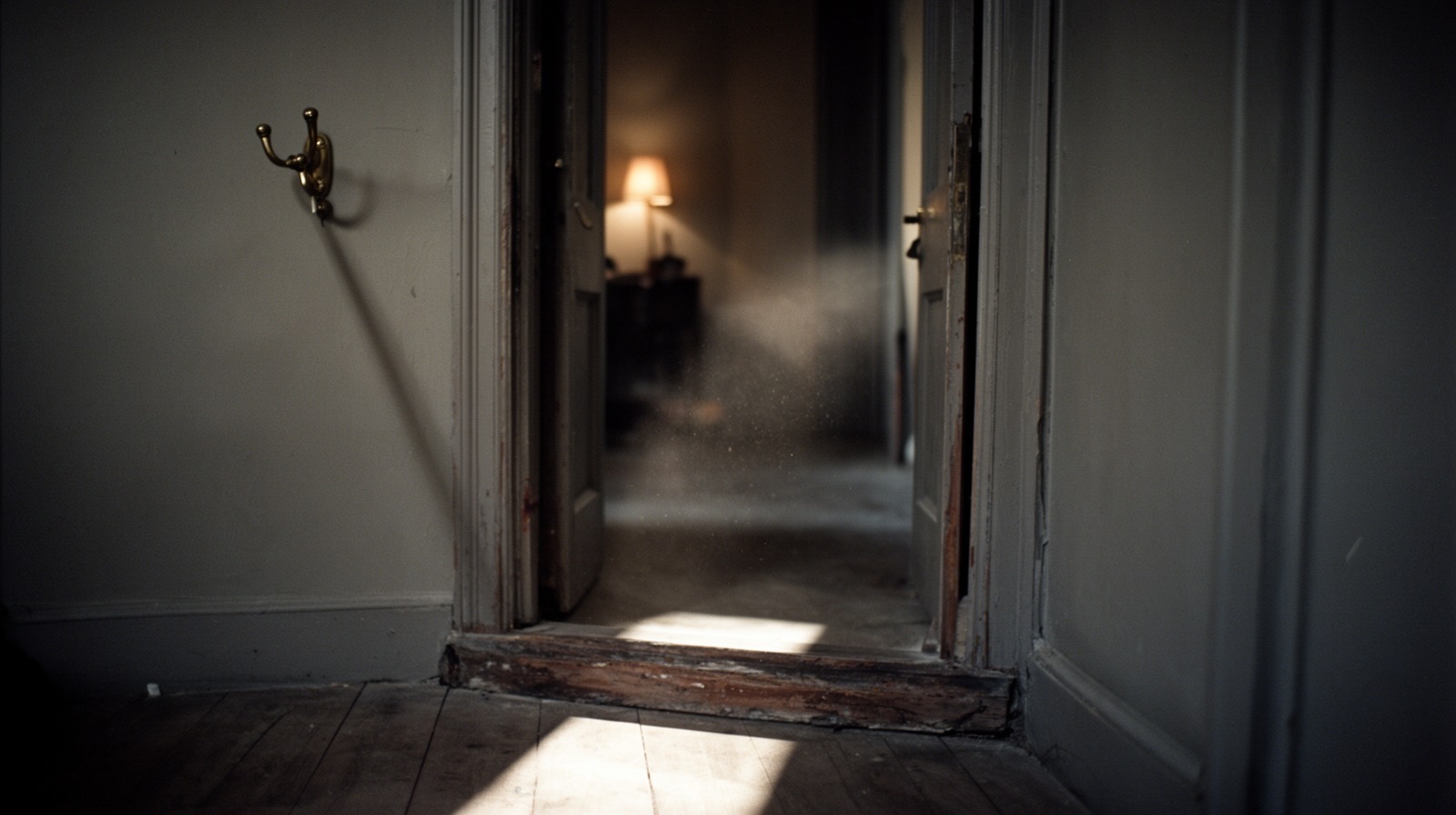 An empty doorway at dusk, a coat hook's shadow stretching across the threshold toward a dim hallway beyond.
