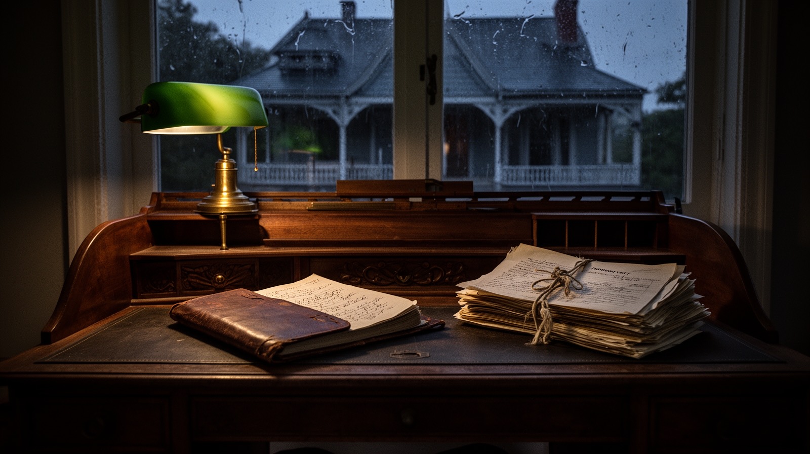 An open leather ledger and a stack of tied property deeds on a rolltop desk lit by a banker's lamp, with a Victorian house porch visible through a rain-streaked window at dusk.