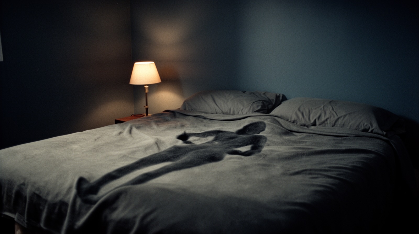 An empty made bed at night under lamplight, with a faint human-shaped indentation pressed into the blanket and pillow.