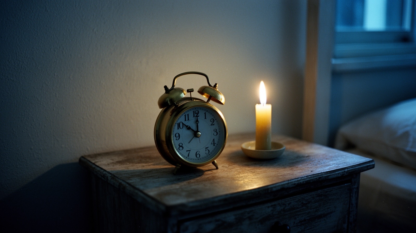 A brass wind-up alarm clock reading three o'clock on a nightstand, lit by a single candle in an otherwise dark bedroom.